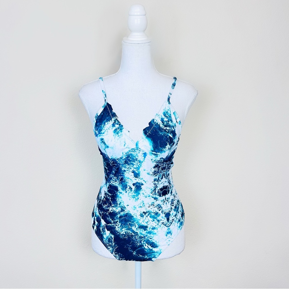NWT ZAFUL Ocean Water Print Scalloped Bustier Corset Wired One Piece Swimsuit